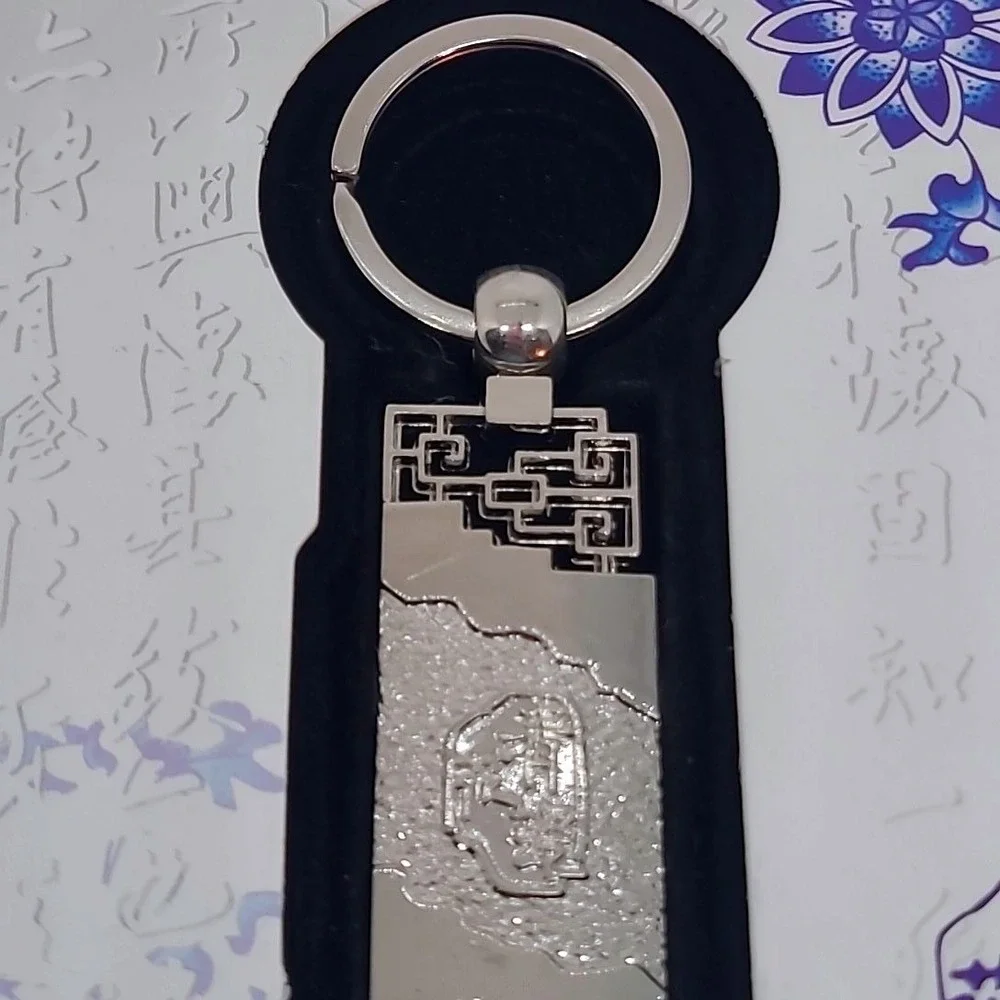 Blue White Porcelain Keychain Silver Tone Floral Chinese Character Box